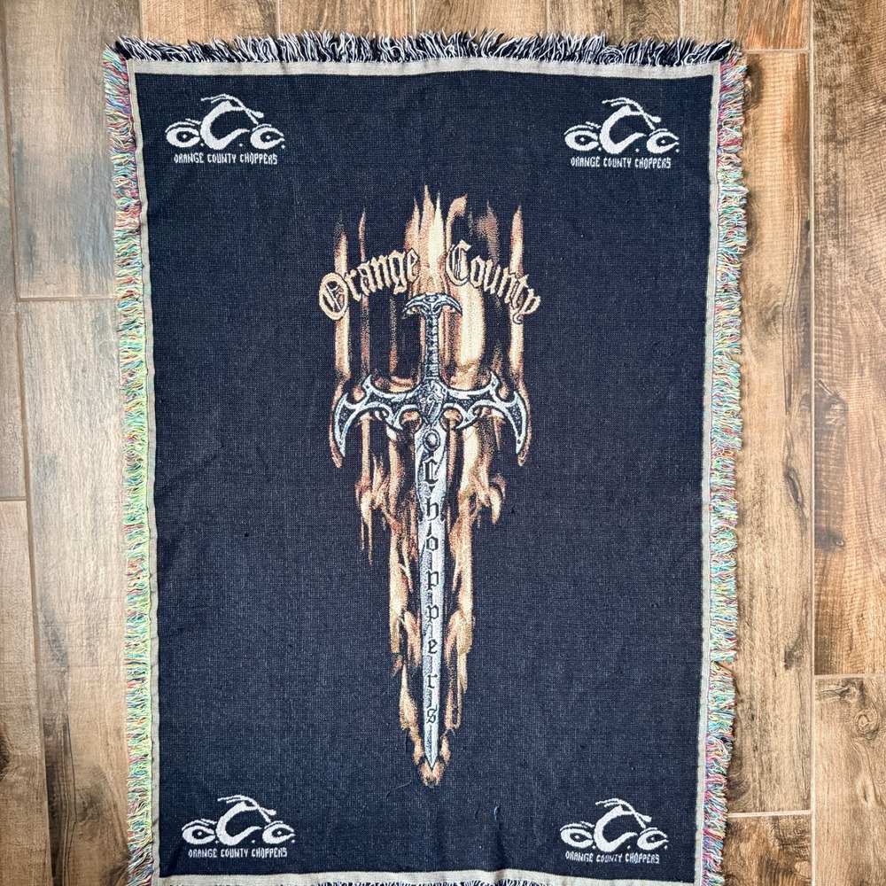 Orange County Choppers Y2K Sword Flame OCC Logo Woven Tapestry Blanket, Black,OS